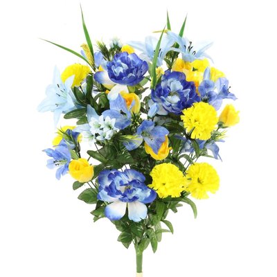 Admired By Nature   Stems Artificial Full Bloomg Lily Rose Bud Carnation & Mum With Greenery Mixed Flower Bush  Blue & Yellow