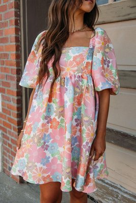 Summer Floral Square Neck Puff Sleeve Babydoll Dress