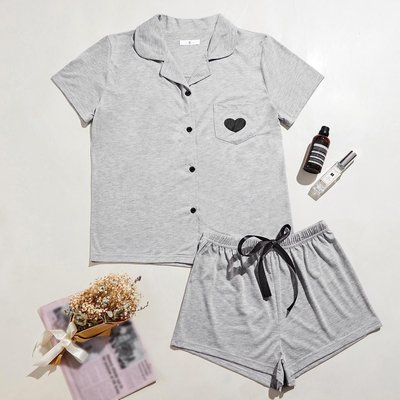 Short Sleeve Heart Pocket Shirt & Shorts Two Piece Pajamas