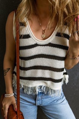 Striped U Neck Fringe Hem Knit Tank Top