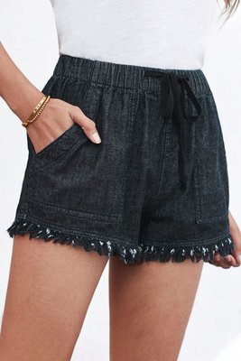 Wholesale Dark Blue Casual  Frayed Pocketed Denim Shorts