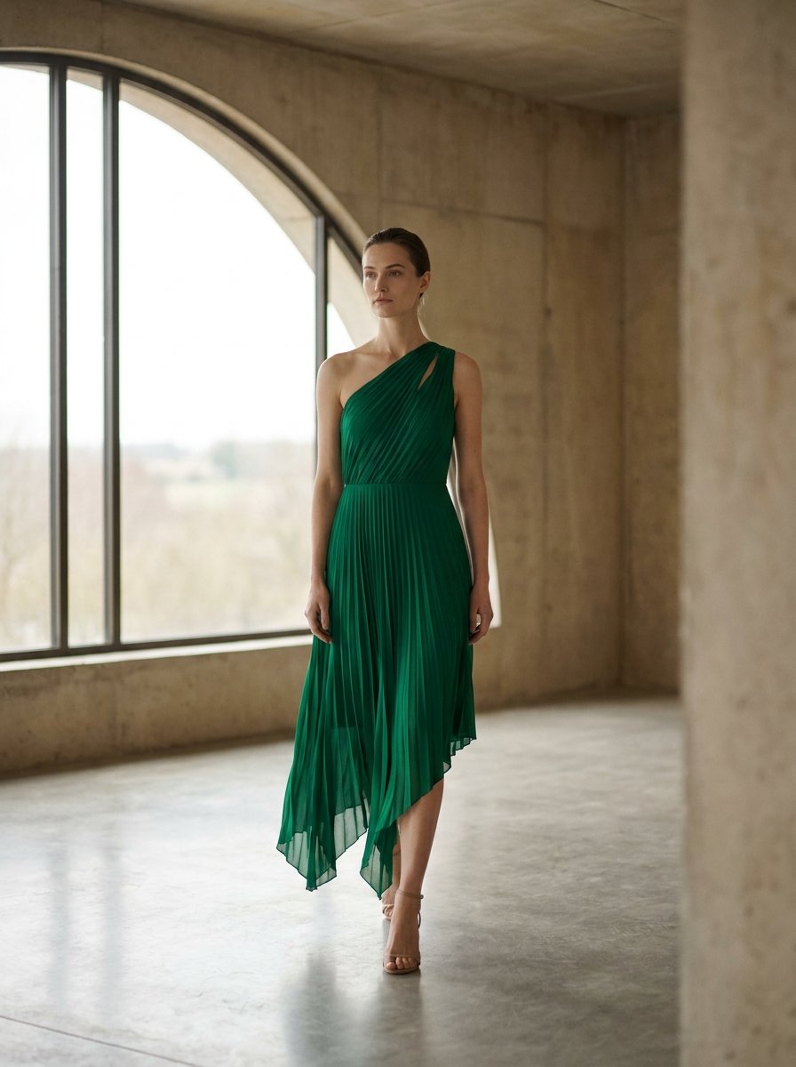 Emerald pleated silk dress