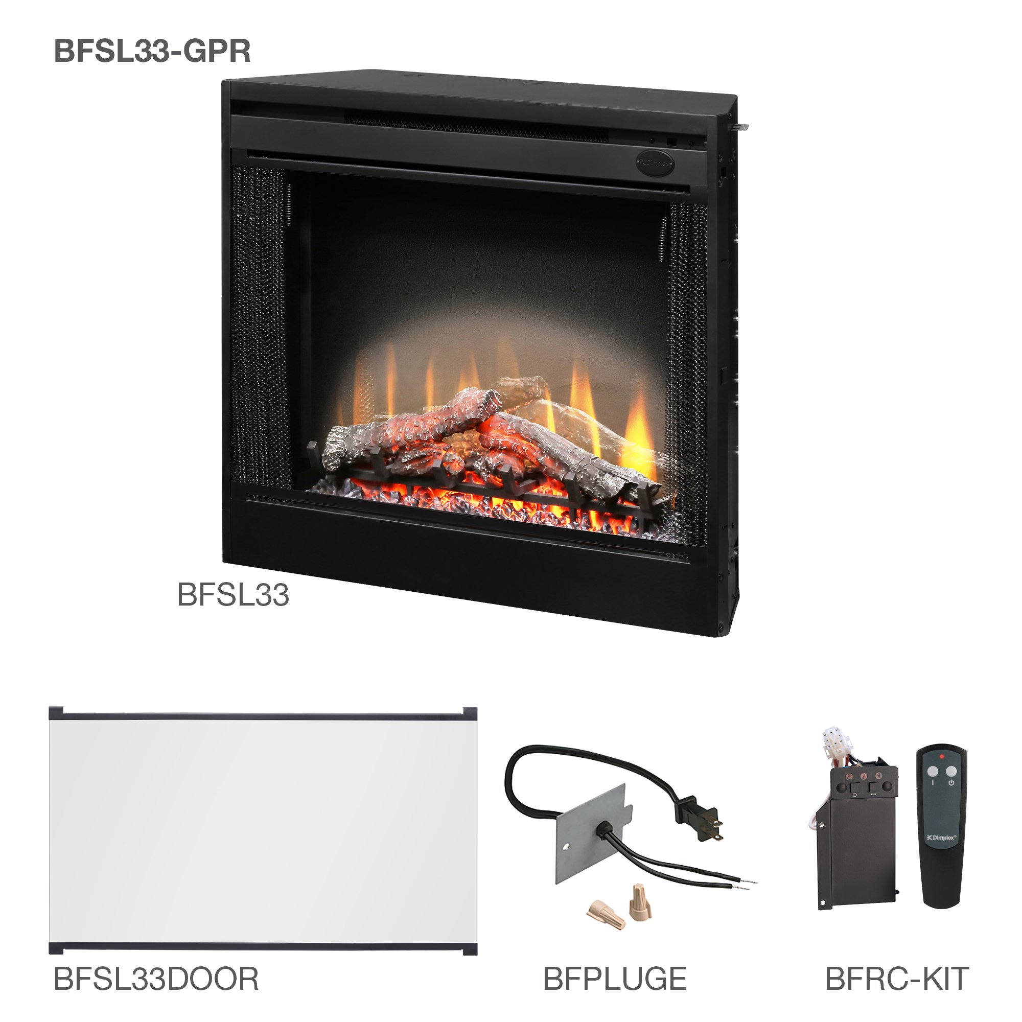 Dimplex 33” Slim Line Built-In Firebox With the Glass Pane Kit, Plug Kit, and Remote Control Accessories