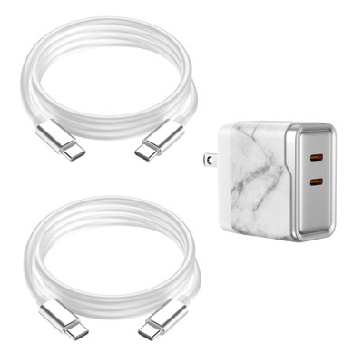 USB-C 6ft Charging Cables (set of 2) + Dual Adapter - 6 Color Options - Marble