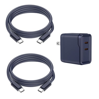 USB-C 6ft Charging Cables (set of 2) + Dual Adapter - 6 Color Options - Navy