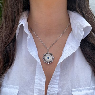 Evil Eye Medallion Necklace - White Gold