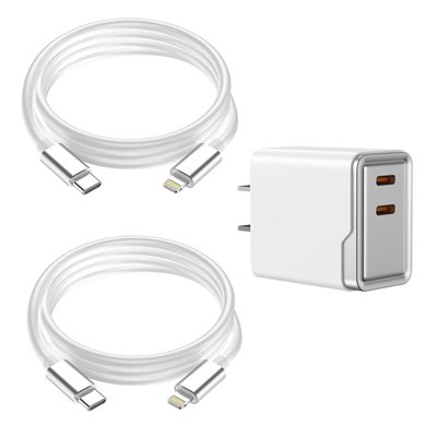 Lightning 6ft Charging Cables (set Of 2) + Dual Adapter - 8 Color Options - White