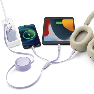 6-in-1 Retractable Cable With Fast Charge Adapter - Lavender