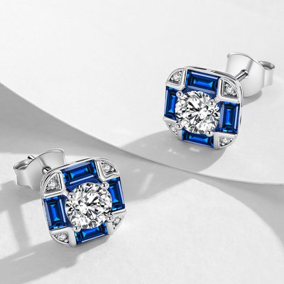 Regal Elegance Square Stud Earrings - Platinum/Sapphire