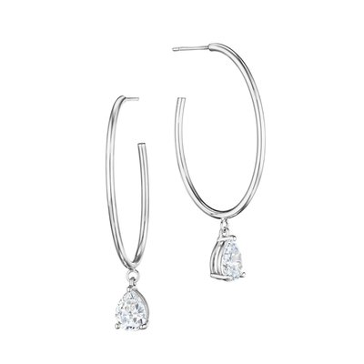 Oval Hoop Sparkle Drop Earrings - White Gold