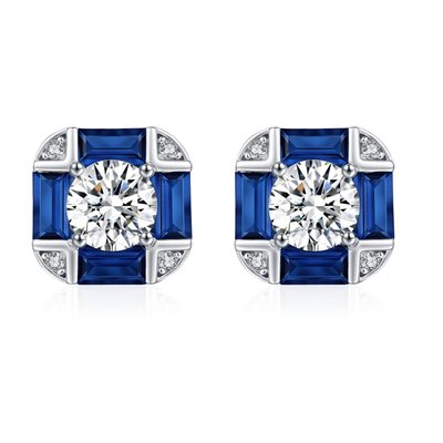 Regal Elegance Square Stud Earrings - Platinum/Sapphire