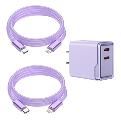 Lightning 6ft Charging Cables (set Of 2) + Dual Adapter - 8 Color Options - Purple