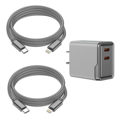 Lightning 6ft Charging Cables (set Of 2) + Dual Adapter - 8 Color Options - Grey