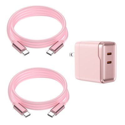 USB-C 6ft Charging Cables (set of 2) + Dual Adapter - 6 Color Options - Pink