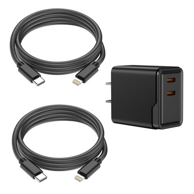 Lightning 6ft Charging Cables (set Of 2) + Dual Adapter - 8 Color Options - Black