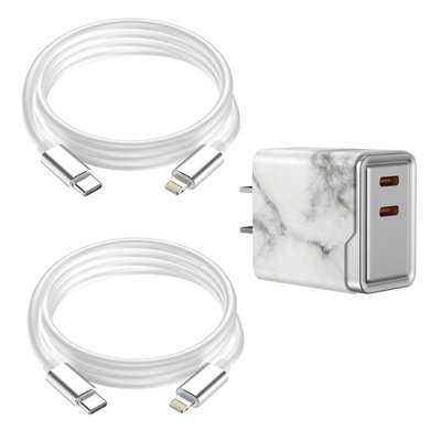 Lightning 6ft Charging Cables (set Of 2) + Dual Adapter - 8 Color Options - Marble