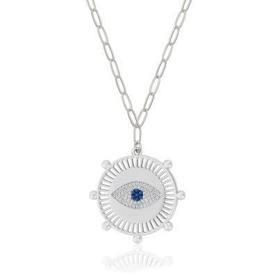 Evil Eye Medallion Necklace - White Gold