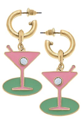 Canvas Style Country Club Martini Drop Hoop Earrings - Pink
