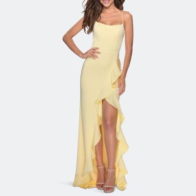 La Femme Ruffle Prom Dress With Scoop Neck And Lace Up Back