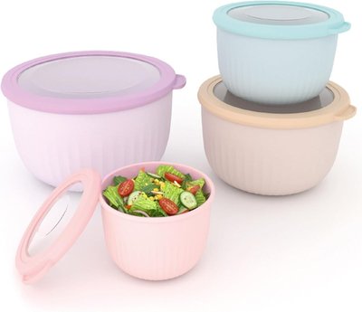 4 Piece Nesting Bowl Set with Airtight Lids & BPA-Free Polypropylene Plastic - Stackable Round Nesting Boxes for Meal Prep - Microwave & Dishwasher Safe - Pastel Multi Purple 2.5 Pounds
