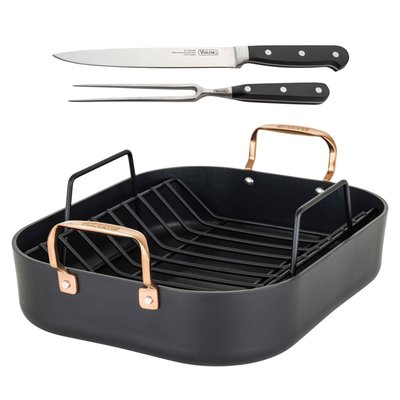 Hard Anodized Nonstick Roaster with Copper Handles, Rack, and Bonus Carving Set