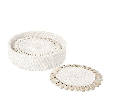 Rattan Coaster with Cowrie Shell, Set of 4