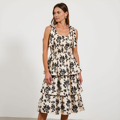 Smocked Tiered Midi Dress With Bow-tie Straps And Floral Print