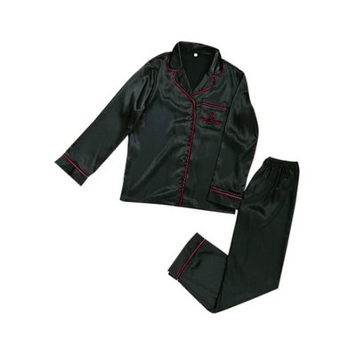 Long Pajama Set - Black with Pink Piping
