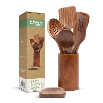 9 Piece Deluxe Wooden Utensils Set With Holder And Spoon Rest