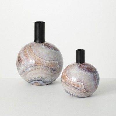 Sullivans Marbleized Deco Metal Vase Set of 2, 12"H & 8.5"H Green