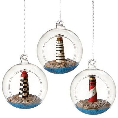 Ganz Seaside Escape Red and White Spiral Lighthouse Globe Shadow Box Nautical Glass Christmas Ornament 3"