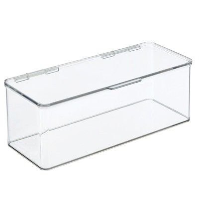 mDesign Stackable Plastic Craft, Sewing Storage Bin, Lid, Long - Clear