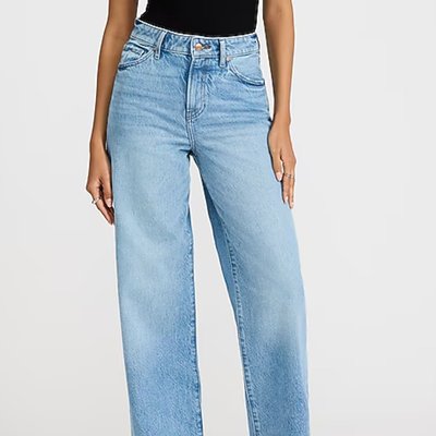High Waisted Light Wash Raw Hem 50/50 Rigid Stretch Wide Leg Jeans