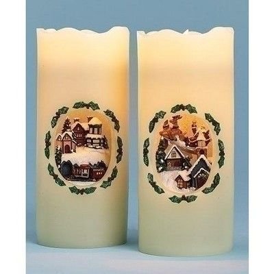 Roman 7" White and Green Santa's Train Station LED Lighted Christmas Pillar Candle