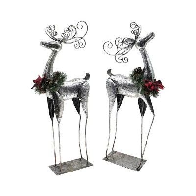Evergreen 40"H Silver Whimsy Reindeer with Artificial Wreath, Set of 2