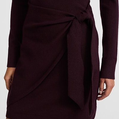 Crew Neck Long Sleeve Wrap Mini Sweater Dress