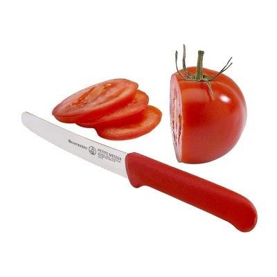 Messermeister Red Stainless Steel 4.5 Inch Serrated Tomato Knife with Sheath