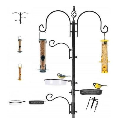 Ashman Deluxe Bird Feeding Station Kit with Birdbath, 5 Prong Base, and 2 Feeders, 92 Inches Tall, 2 Sided Top Hook, for Attracting Wild Birds