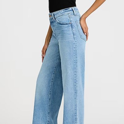 High Waisted Light Wash Raw Hem 50/50 Rigid Stretch Wide Leg Jeans