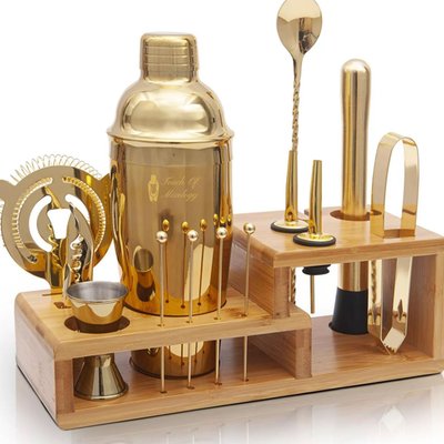 Premium 14 Piece Stainless Steel Bartender Kit with Bamboo Stand (Gold)