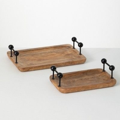 Sullivans Wooden Tray With Handles Set of 2, 15.75"L & 12"L Black