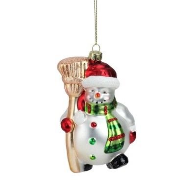 NORTHLIGHT 5" Portly Smiling Snowman with Broom Glass Christmas Ornament - Gold/Gray