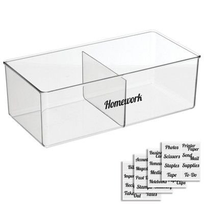 mDesign Plastic Home Office Organizer Caddy Bin, 2 Sections + 32 Labels - Clear