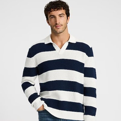 Striped Waffle Knit Cotton Johnny Collar Sweater