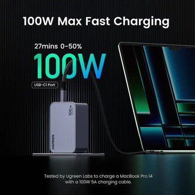 UGREEN - Nexoede Pro 100W USB-C Charger Set, PPS 3-Port Compact Foldable GaN Charger for MacBook Pro/Air, iPad, iPhone Series - Space Gray
