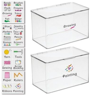 mDesign Plastic Stackable Craft Storage Box - 2 Bins + 32 Printed Labels - Clear