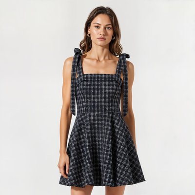 Plaid Mini Dress With Tie-strap Shoulders And Square Neckline