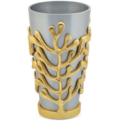 Two Tone Metal Vase With Branch Design, 8.25 In Decorative Centerpiece