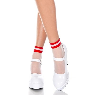 WHITE-Red Striped Sheer Ankle High WHITE & Red