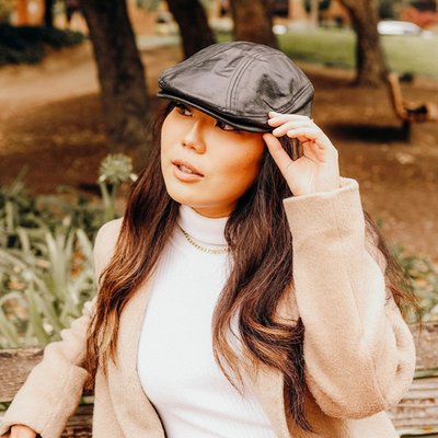 Bookie | Womens Black Leather Flat Cap